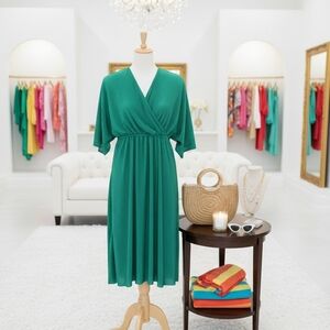 Green Pleated Wrap Swim Cover-Up Dress (Kimono Sleeve) 2X